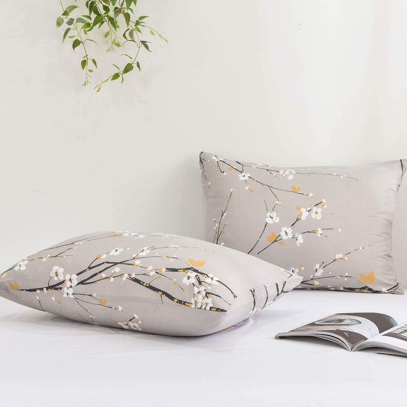 NANKO Floral Pillow Case Set (2 Pack), Tan Gray Plum Blossom Flower Pattern Printed Pillowcases/Pillow Shams - 20x30 inch Standard Queen Size - Image 2
